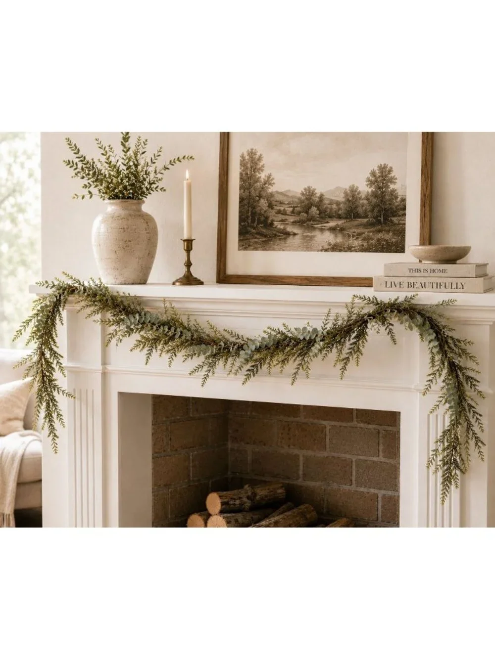 Norfolk Pine Garland, Eucalyptus Garland, Faux Christmas Garland, Mantel Garland